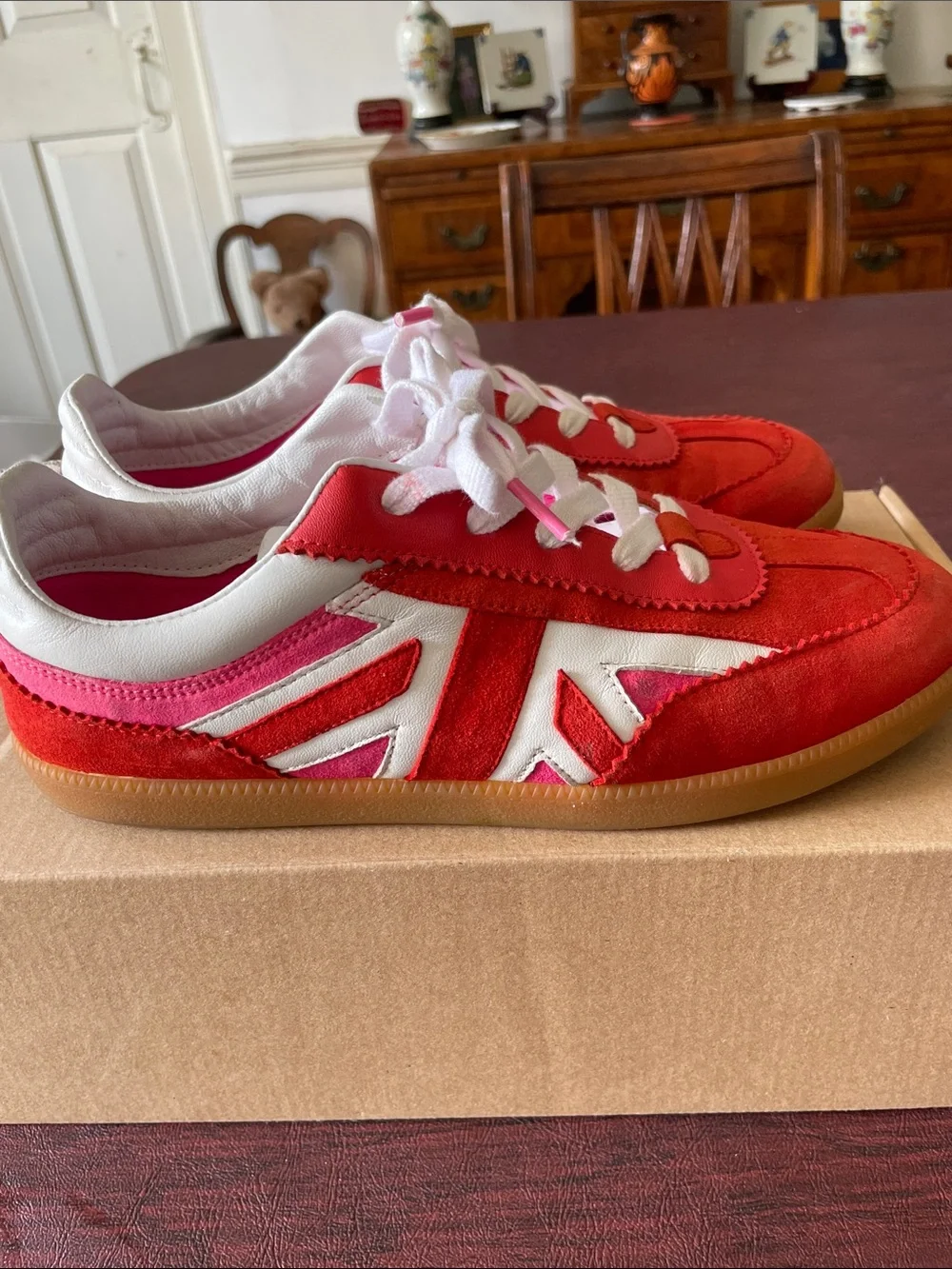 Boden Red Suede with Pink Suede Accents & White Leather Accent Sneakers